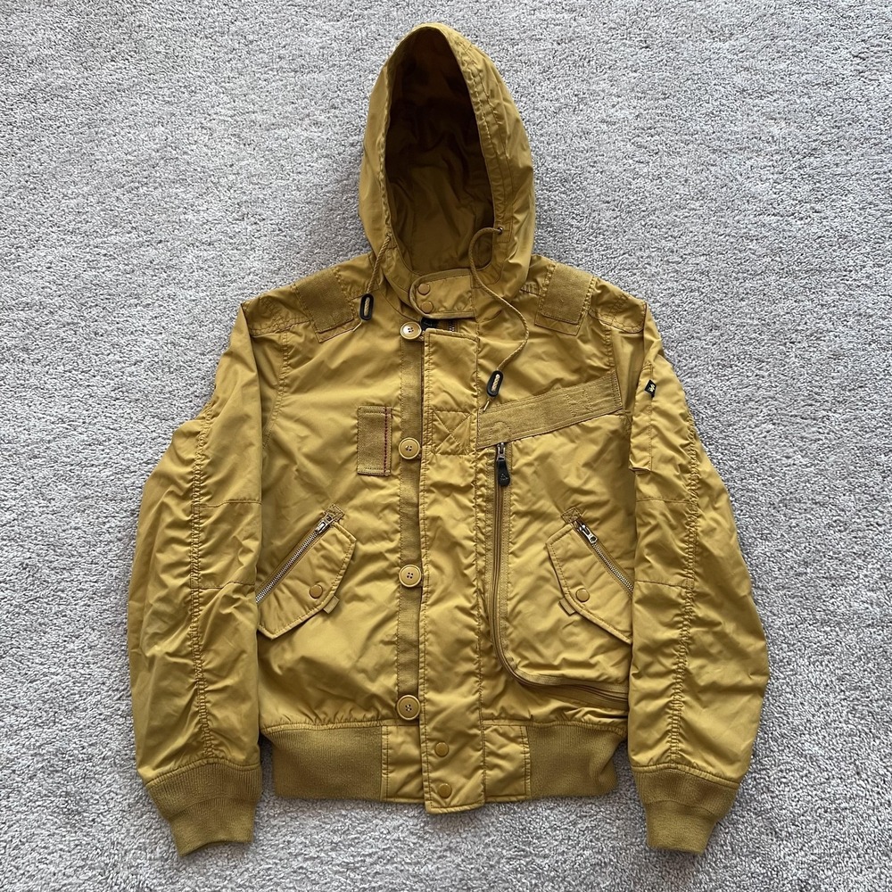 Alpha Industries Full‎ Zip Bomber Jacket Mens M Mustard Yellow Hooded Flight